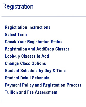 WebSTAR Student Registration Navigational Menu